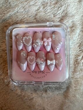 Pink Pearlized hello kitty Press-On Nail Set with 3D Charms